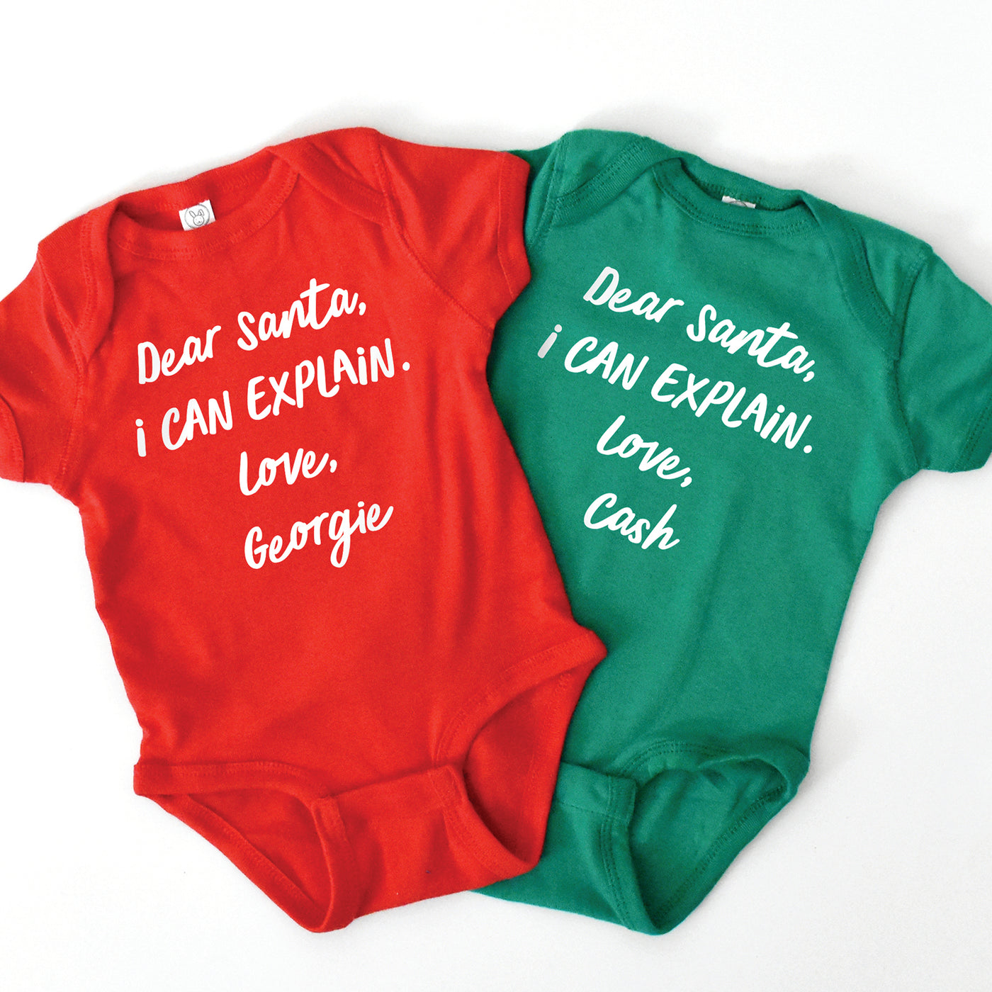 red and green baby onesie with dear santa i can explain custom name print