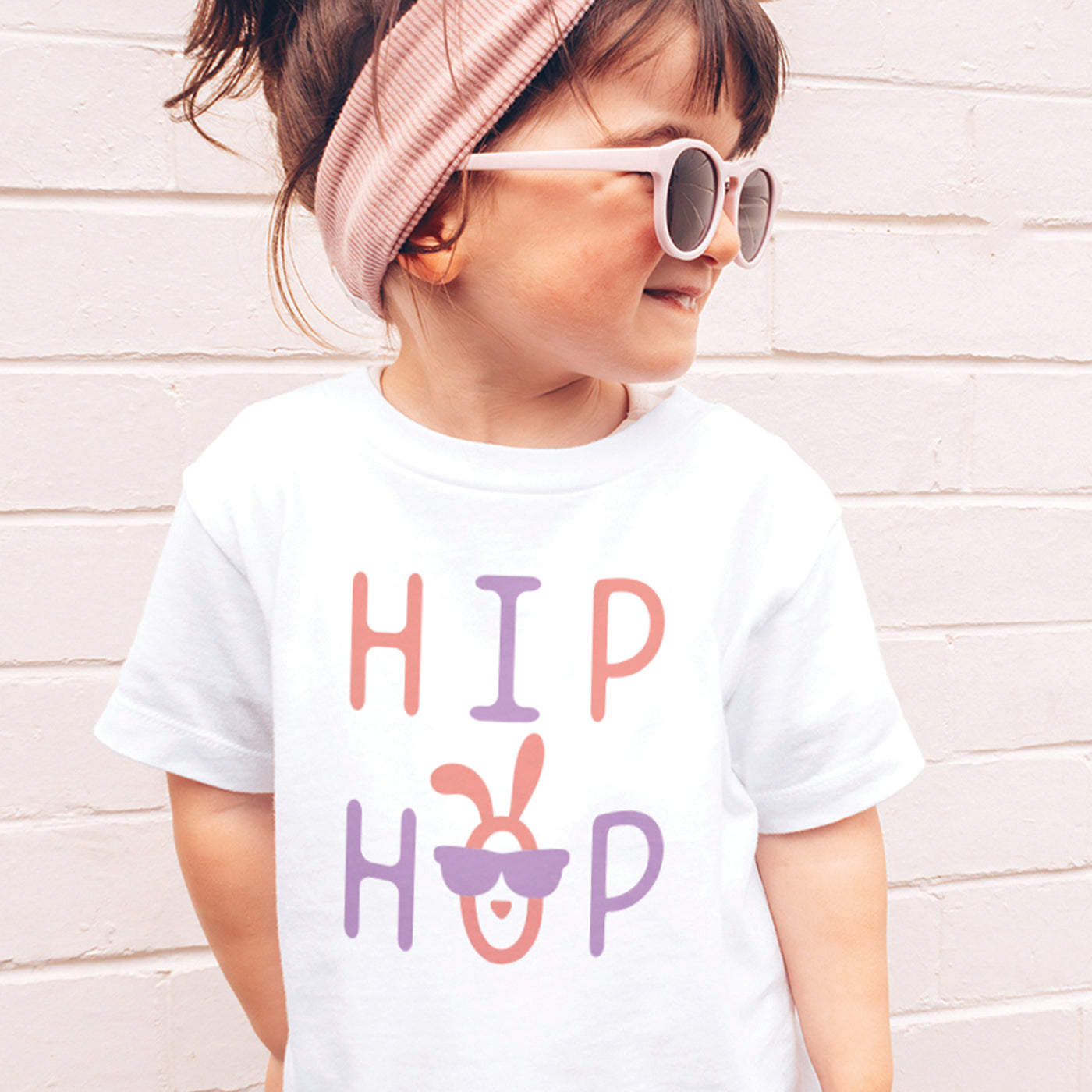 Pink "honey bunny" print on heather peach toddler crew neck tee. A cute girls shirt for Easter or Spring. 