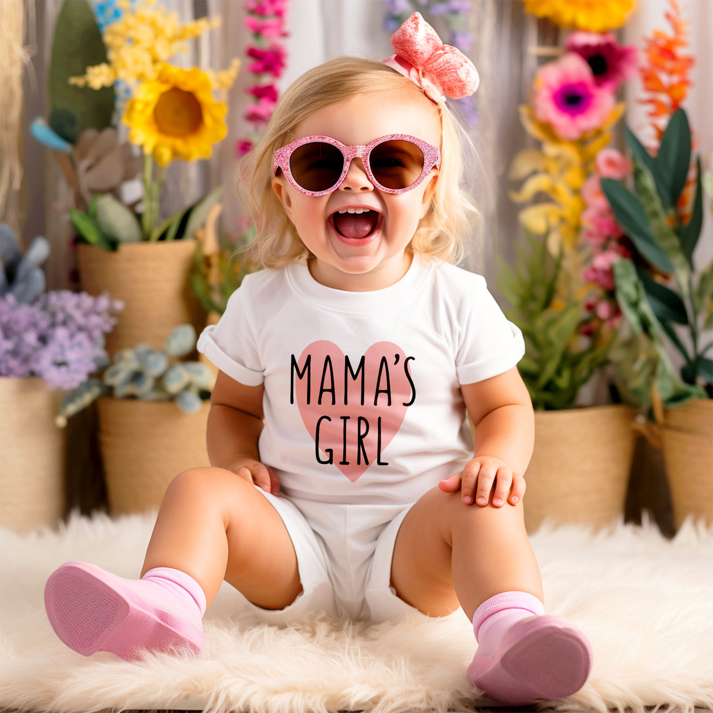 Little girl wearing white shirt with black and pink MAMAS GIRL text inside big heart, sitting on fuzzy blanket in front of flowers laughing