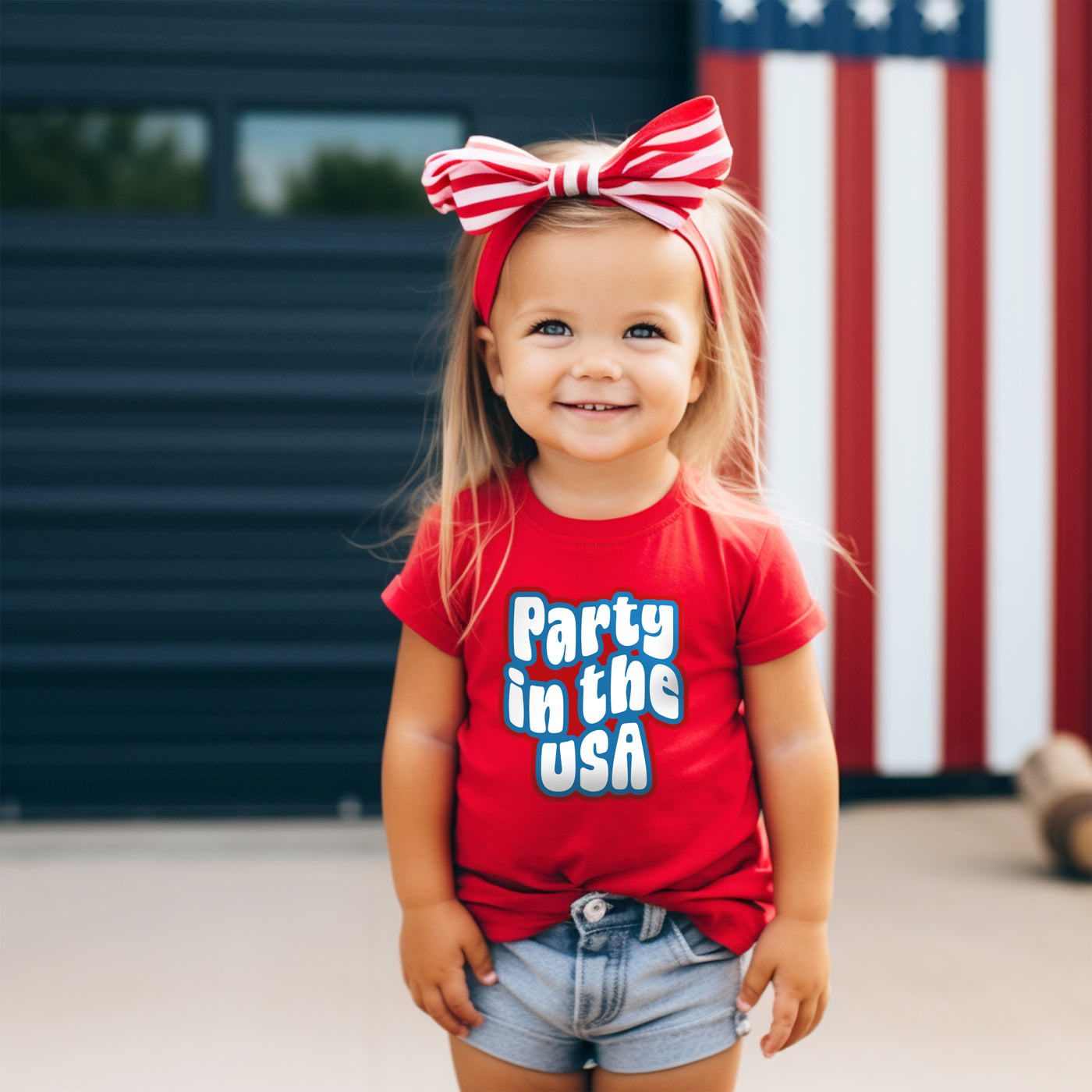 little girl wearing light blue shirt with red white and blue party in the USA retro wavy print holding american flag