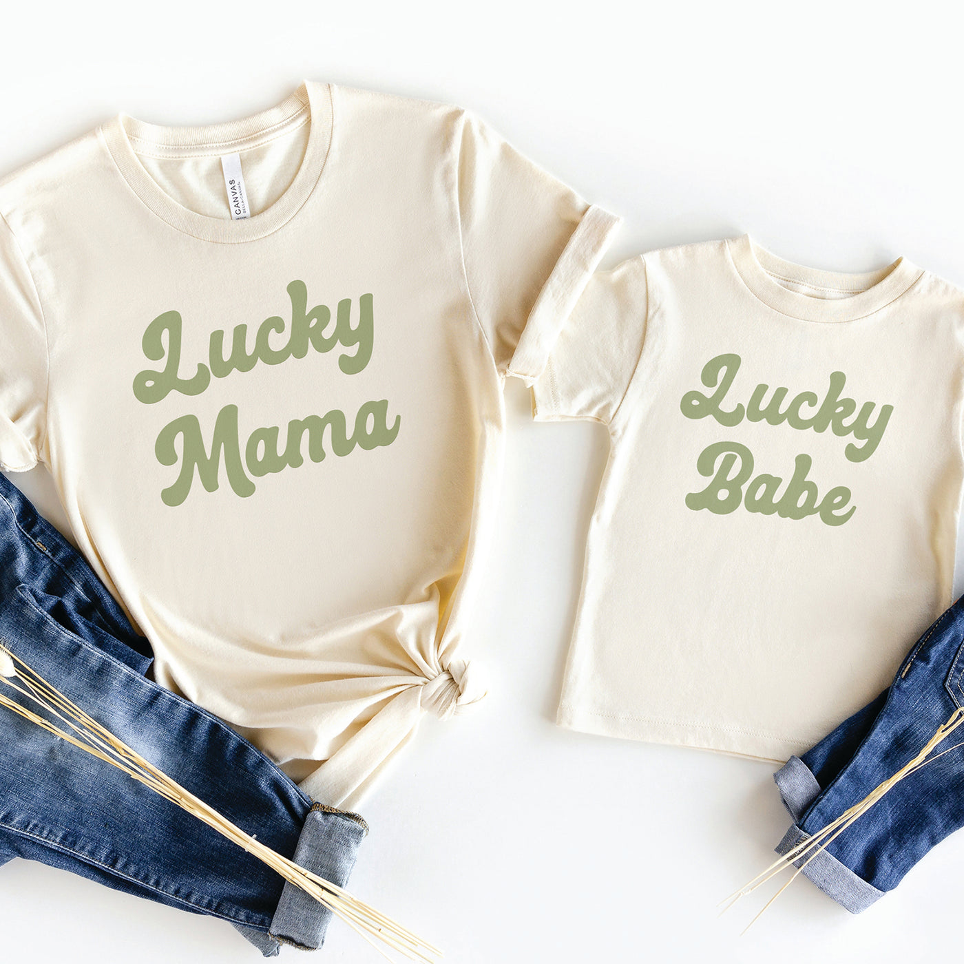 matching mommy and me st patricks day shirts green lucky mama and lucky babe print on natural white tshirts