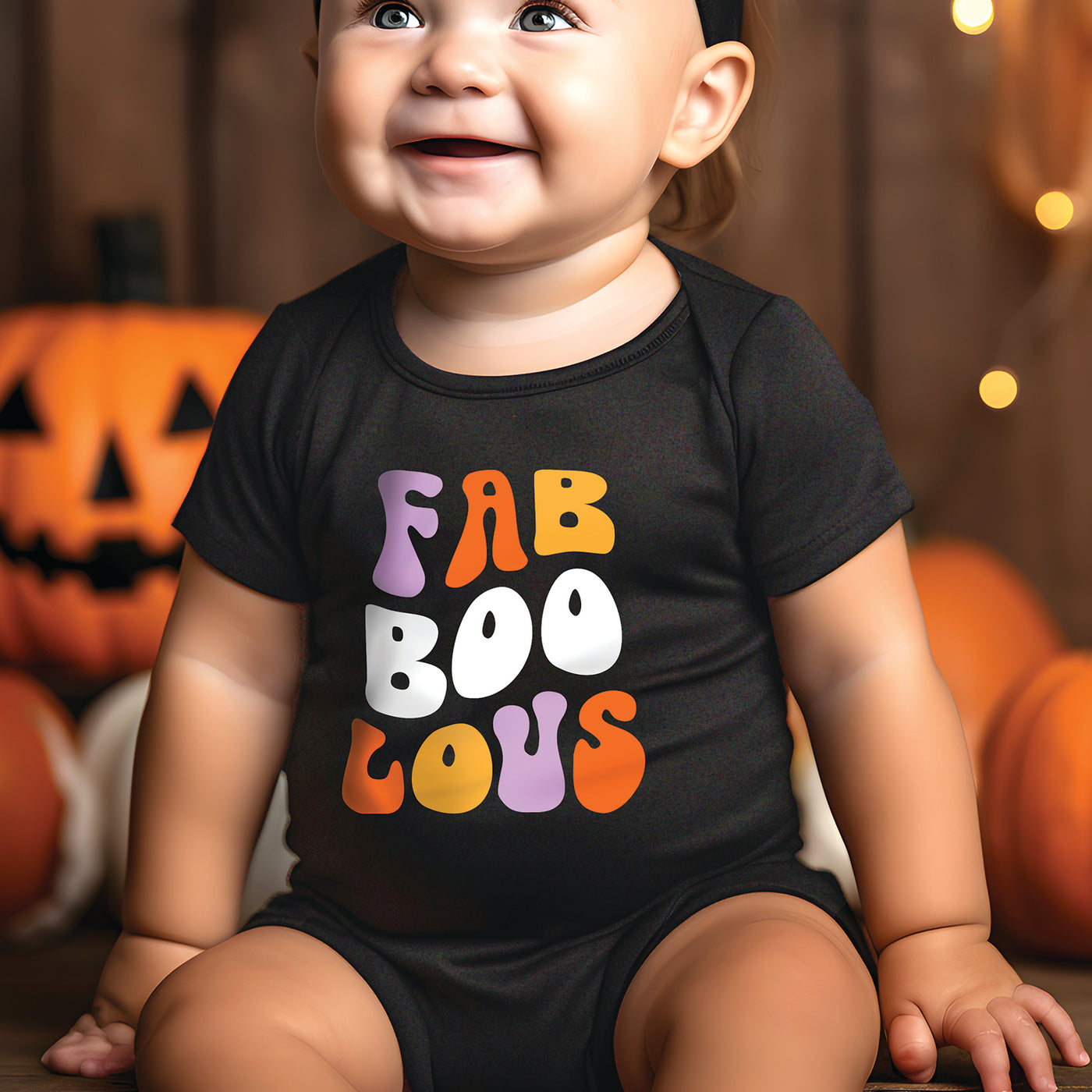 Little baby girl wearing white short sleeve onesie with alternating lilac purple mustard orange and dark purple wicked cute groovy text with witch magic stars and sparkle print, sitting on blanket outside with pumpkins and wearing a white bow on head