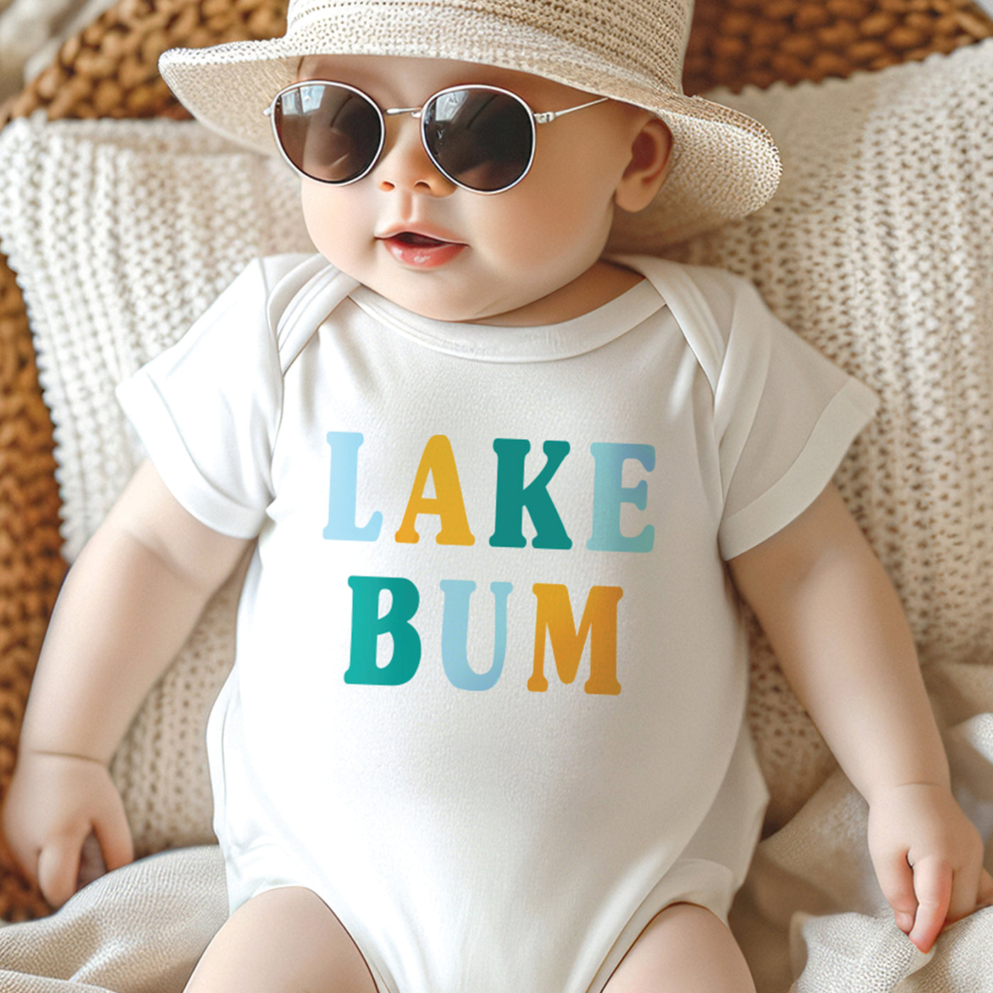 little baby wearing a hat, sunglasses and white onesie with blue, mustard yellow and teal LAKE BUM text print