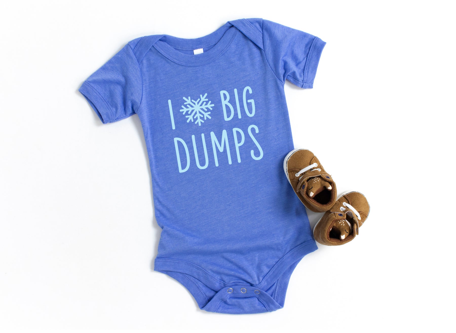 I love Big Dumps Heart Shaped Snowflake Onesie - Heather Blue Short sleeve baby bodysuit with light sky blue print -  A funny baby outfit for skier and snowboarders