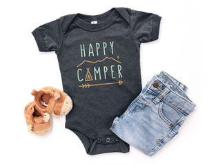 Happy Camper Baby Outfit - Heather Dark Grey Short Sleeve Baby Bodysuit with pastel green and tan happy camper, mountains, teepee, arrow and moon print