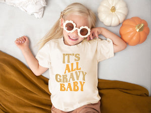Its all gravy baby groovy tan and orange wavy text on natural toddler tshirt