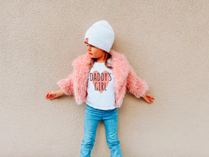 Daddys girl big pink heart graphic tee for toddler girl wearing pink fur coat and beanie