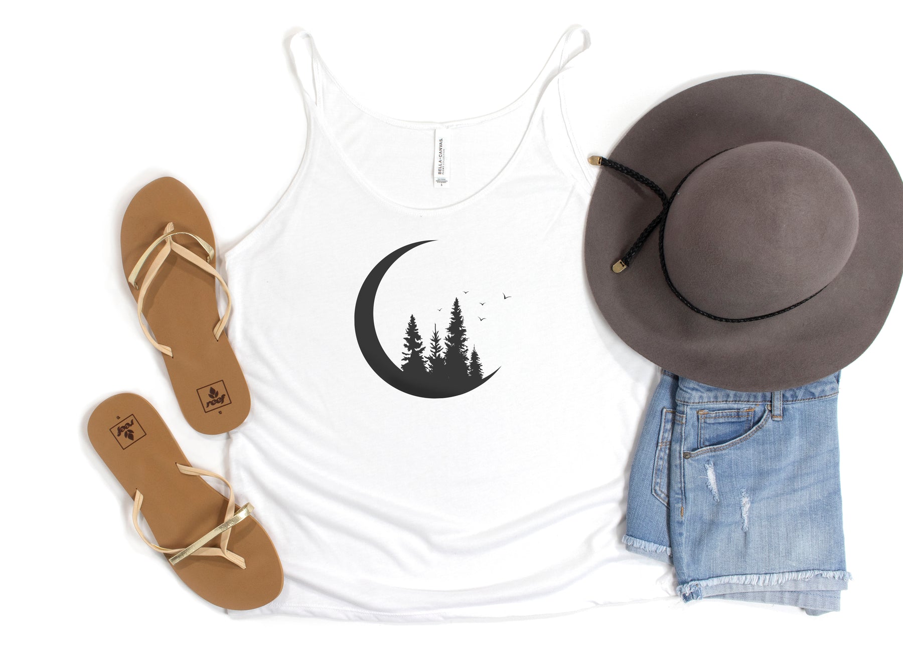 Womens Moon Tank Top for Summer - Black Crescent Moon Silhouette with Pine Trees and Birds Print on White Sleeveless Slouchy Tank